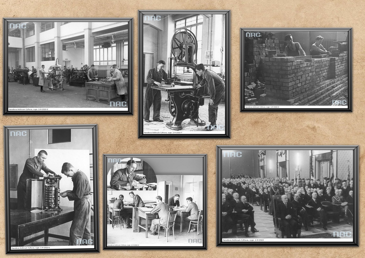 archiwalne zdjęcia z osobami przy maszynach, budujacych mur, siedzących w dużej sali