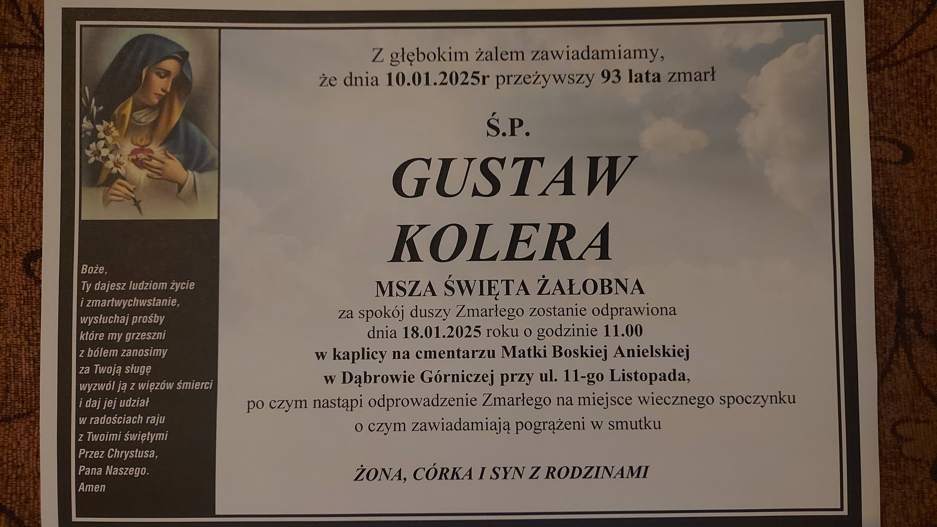 nekrolog z informacją o śmierci G. Kolery