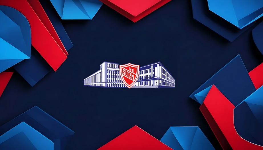Firmowe tło pulpitu na komputerach szkolnych: granatowe tło, na środku logo Śl.TZN, jako obramowanie czerwone, granatowe i niebieskie elementy geometryczne
