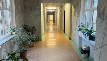 Hol wejściowy – przestronny korytarz z dekoracyjnymi kwiatami, prowadzący do części noclegowej schroniska.